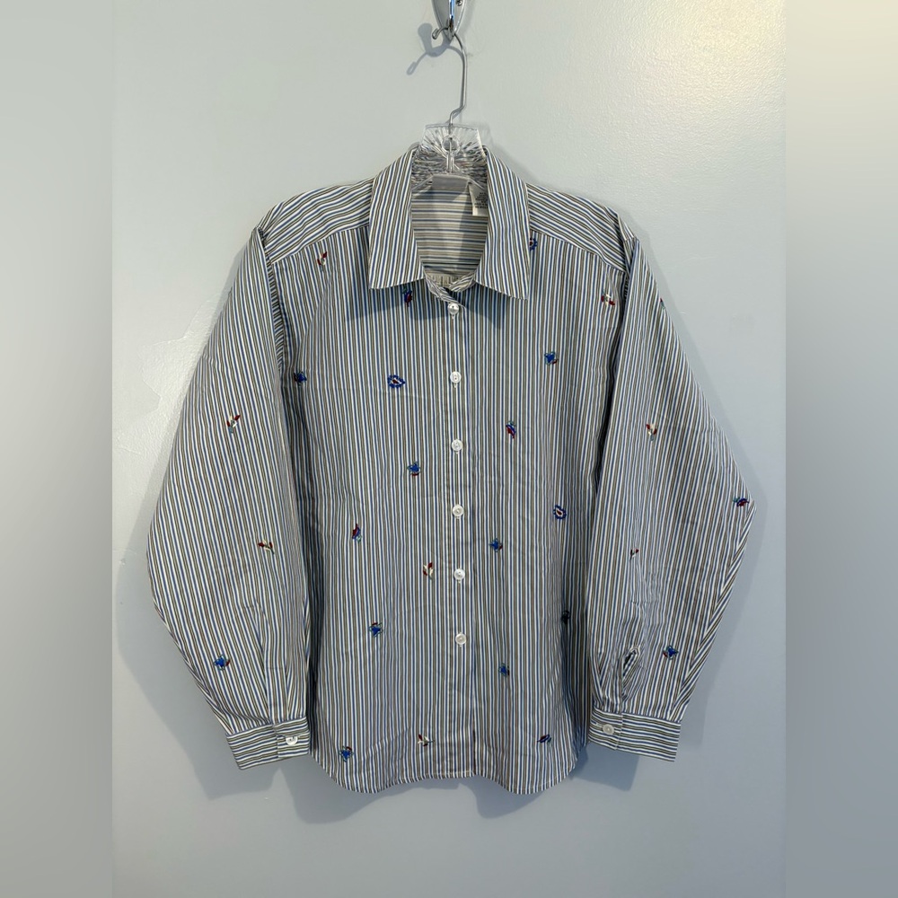 Koret Stephanie K II Women's Long Sleeve Embroidered Striped Button Down Blouse